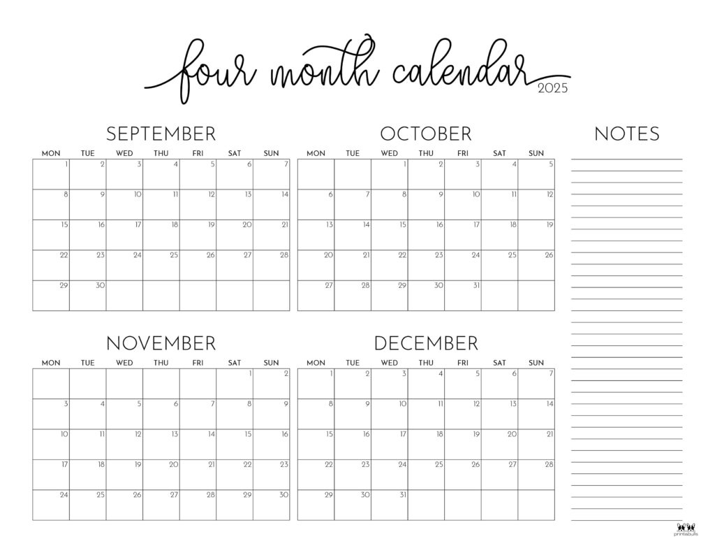 2025 Four Month Calendars - 31 Free Printables | Printabulls with regard to October November December 2025 Calendar Printable Free