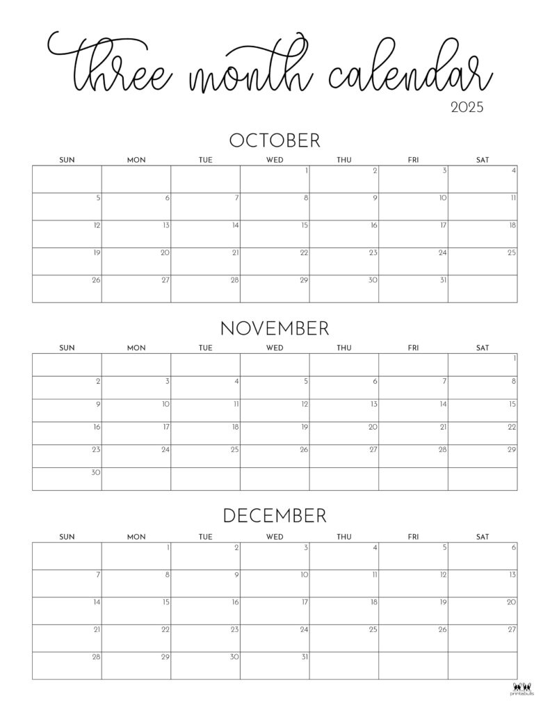 2025 Three Month/Quarterly Calendars - 36 Free Cals | Printabulls for Printable 3 Month Calendar October November December 2025