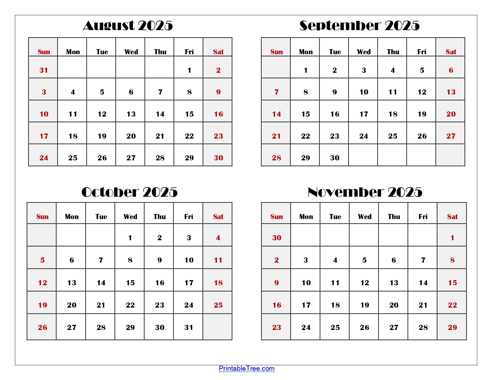 August To November 2025 Calendar Printable Pdf | Four Months Calendar intended for Printable Calendar August to December 2025