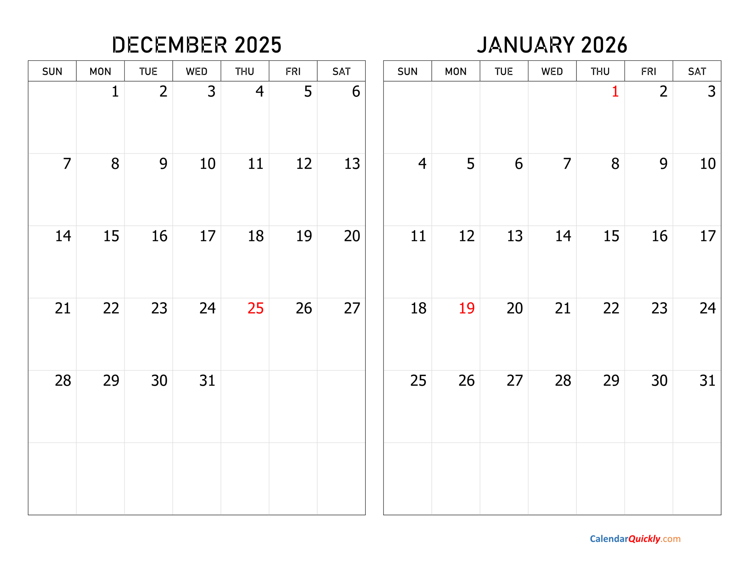 December 2025 And January 2026 Calendar | Calendar Quickly pertaining to December 2025 and January 2026 Calendar Printable