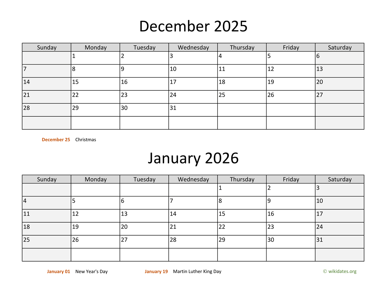 December 2025 And January 2026 Calendar | Wikidates for Printable Calendar December 2025 January 2026