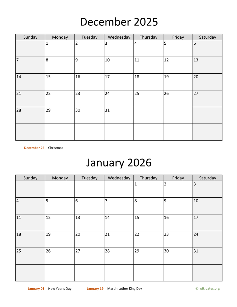December 2025 And January 2026 Calendar | Wikidates pertaining to January to December 2025 Calendar Printable