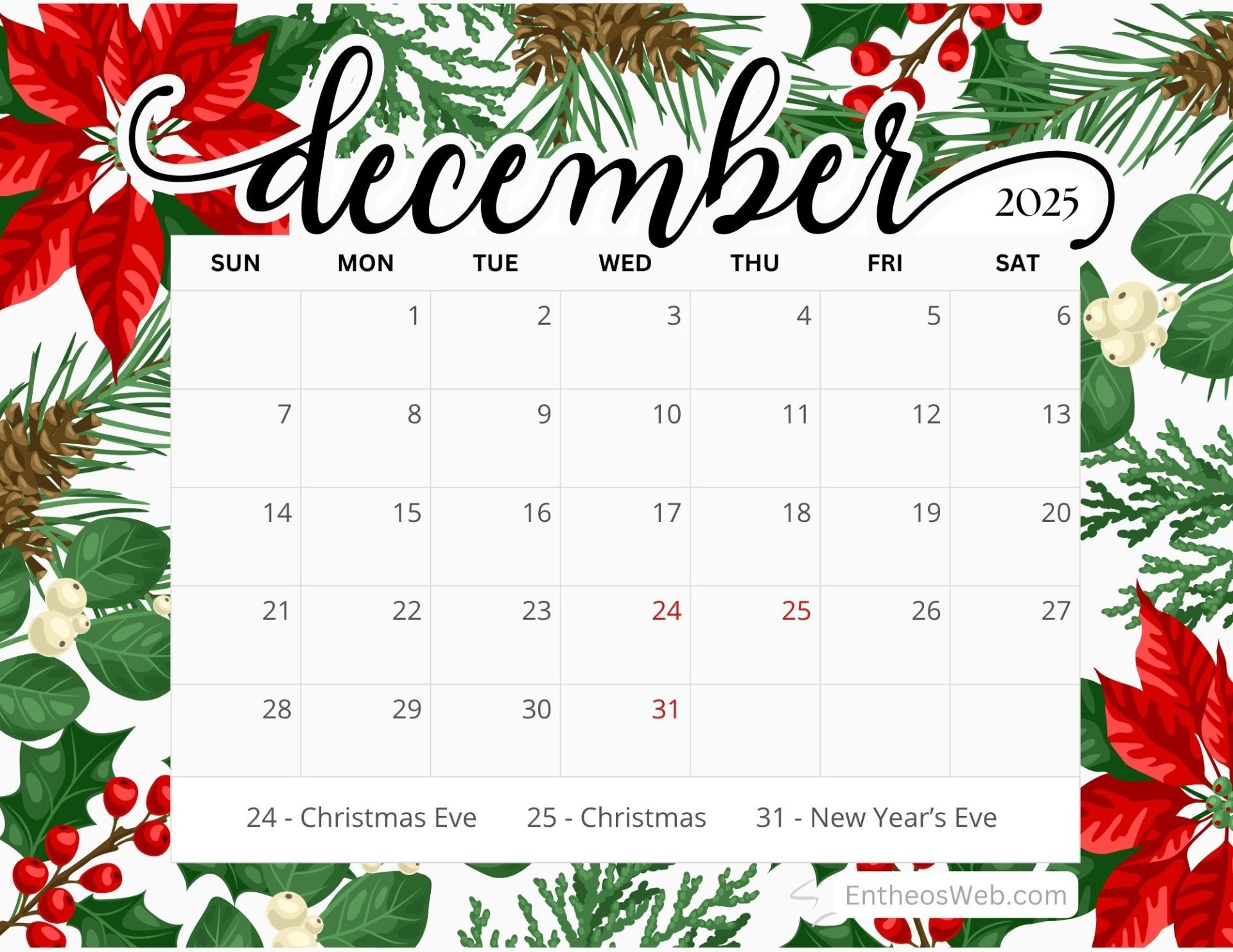 December 2025 Calendar Free Pdf Printables | Entheosweb throughout December 2025 Calendar Printable