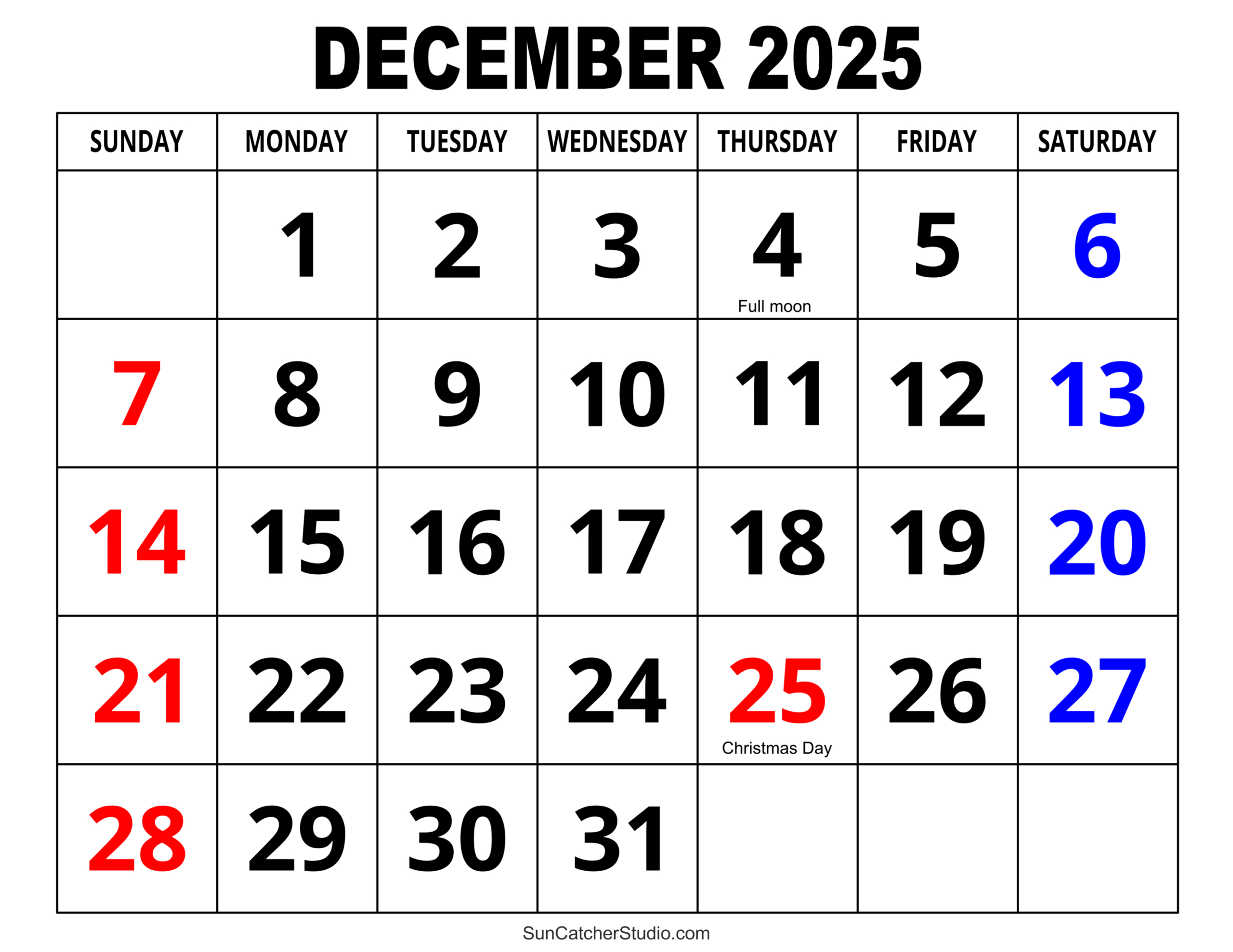 December 2025 Calendar (Free Printable) – Free Printables in December 2025 Calendar Numbers Printable