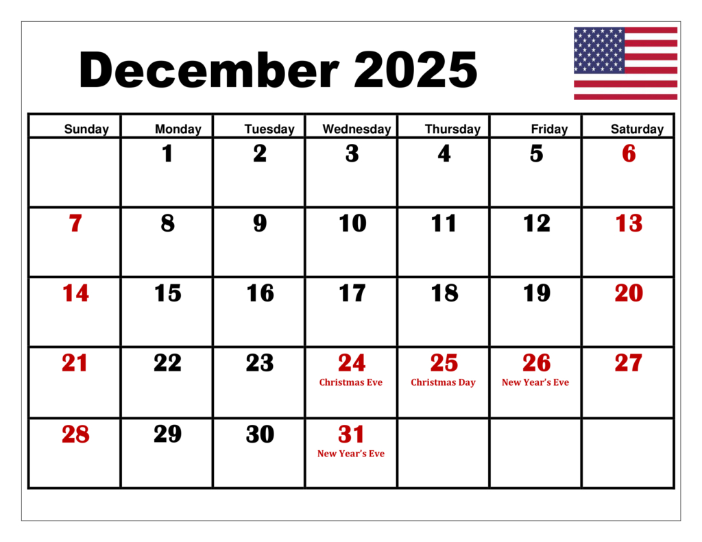 December 2025 Calendar Printable Pdf Template With Holidays regarding December Calendar 2025 With Holidays Printable