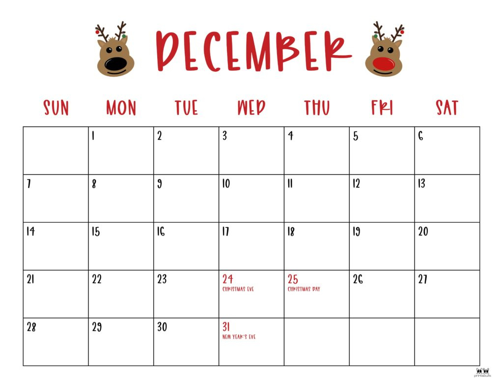 December 2025 Calendars - 107 Free Printables | Printabulls for December Christmas Calendar 2025 Printable