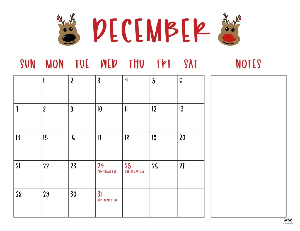 December 2025 Calendars - 107 Free Printables | Printabulls in Printable December 2025 Calendar Christmas