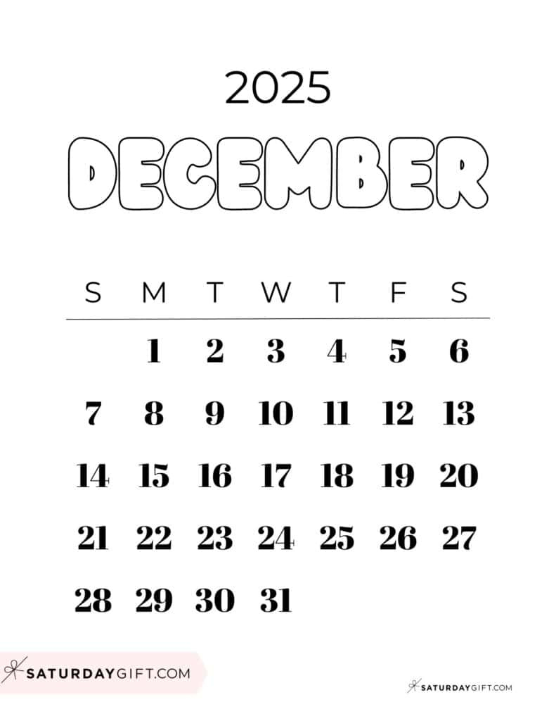 December 2025 Calendars - 23 Cute Free Printable Pdfs | Saturdaygift intended for Free Printable 2025 Coloring Pages Calendar December