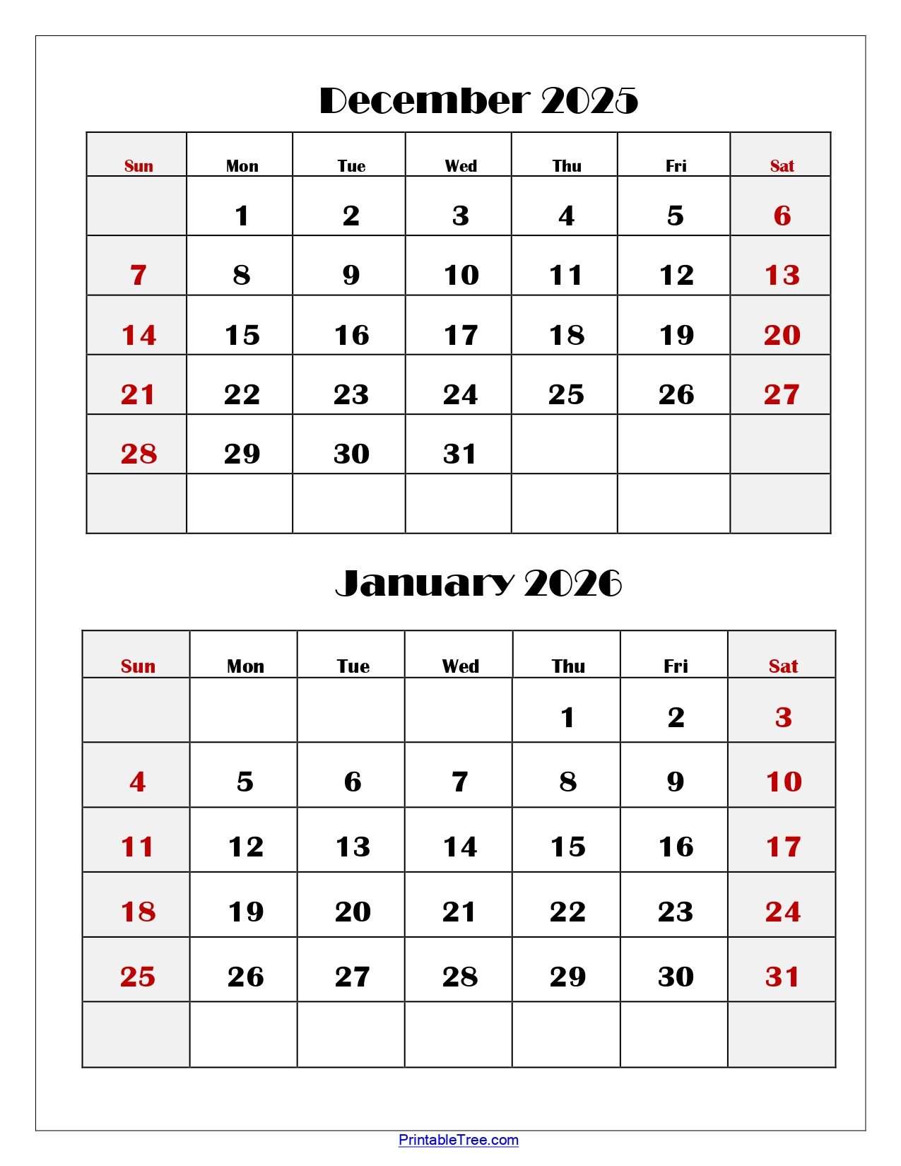 December And January 2026 Calendar Printable Pdf | Two Months Calendar within Printable Calendar December 2025 January 2026