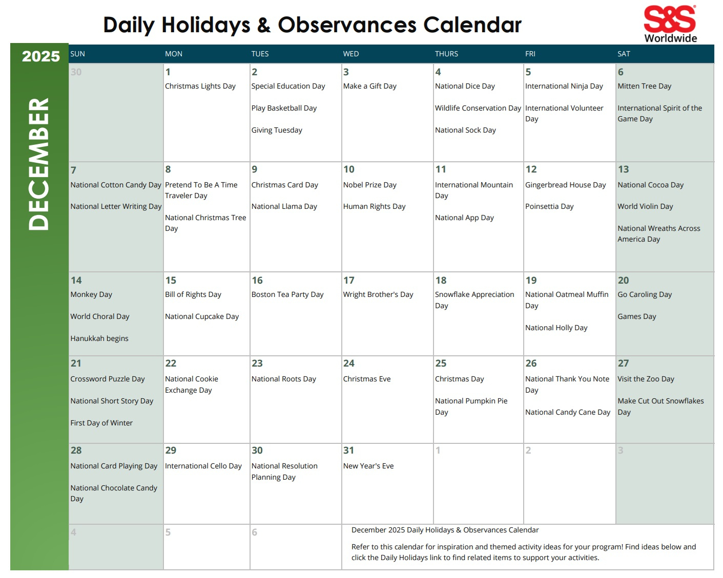 December Daily Holidays &amp;amp; Observances Printable Calendar - S&amp;amp;S Blog intended for December 2025 Daily Calendar Printable