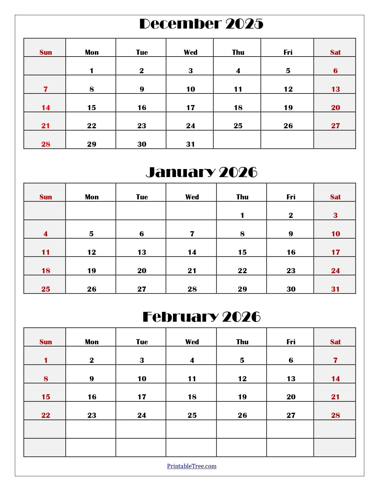 December To February 2026 Calendar Printable Pdf | Three Months inside Printable 3 Month Calendar December 2025 January February 2026