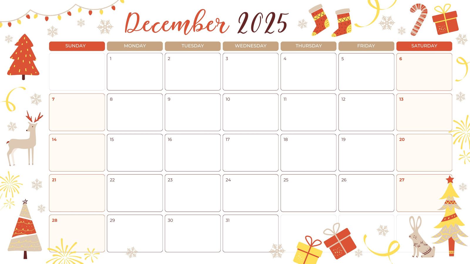 Free, Printable December 2025 Calendar Templates | Canva intended for Printable Christmas Calendar December 2025