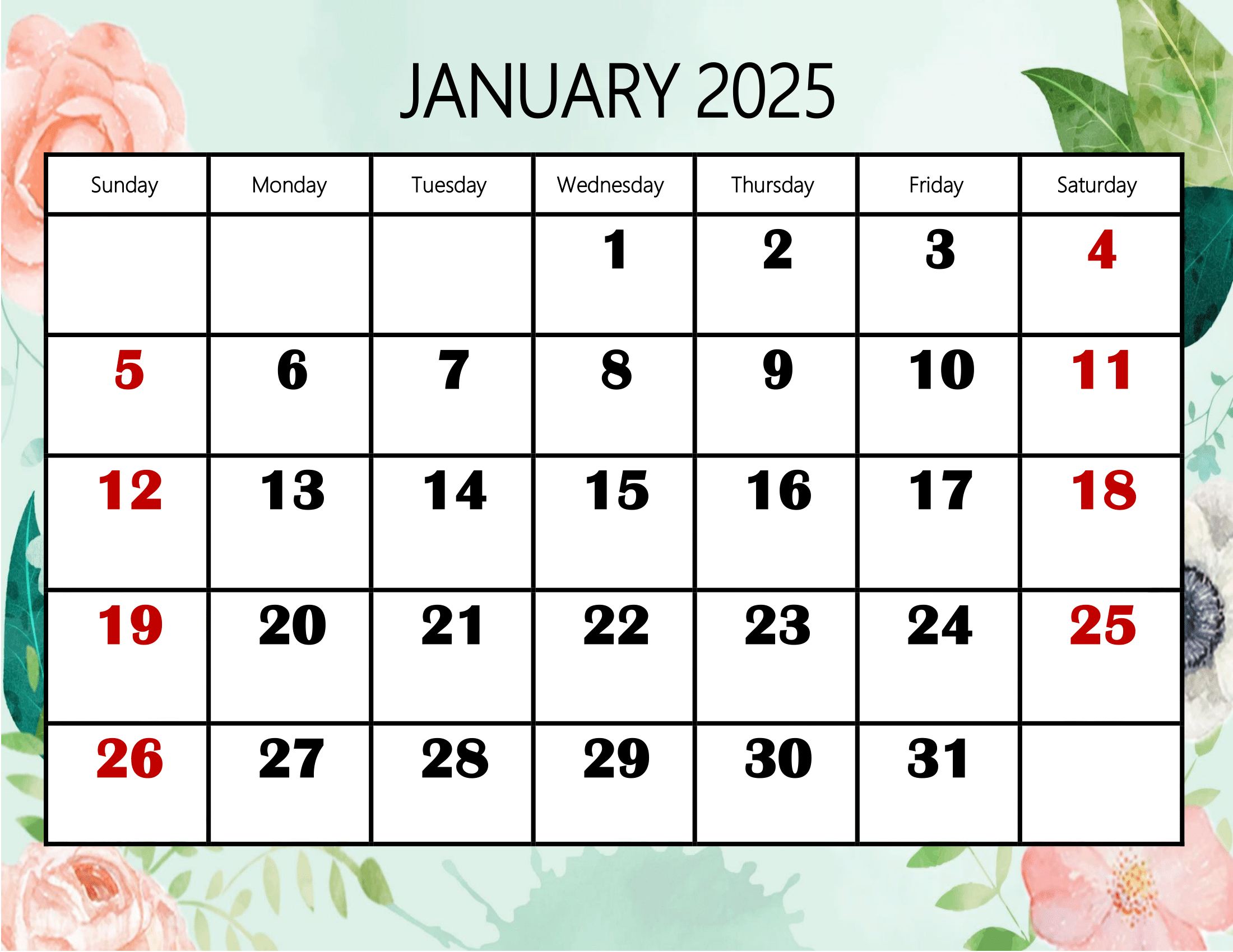 January 2025 Calendar Printable Pdf Template With Holidays in January To December 2025 Calendar Printable