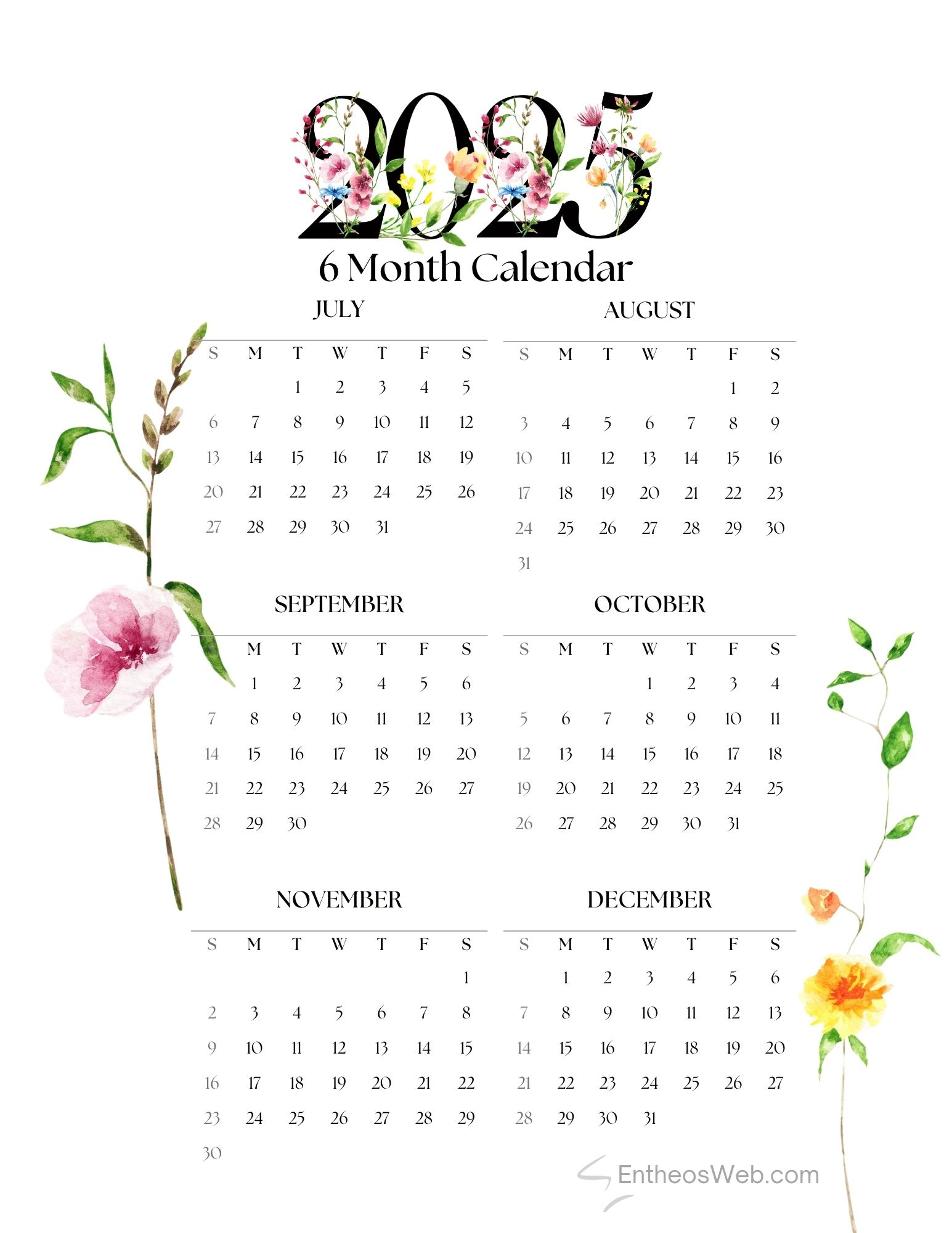 July To December 2025 – 6 Month Calendar Printable | Entheosweb within July To December 2025 Calendar Printable