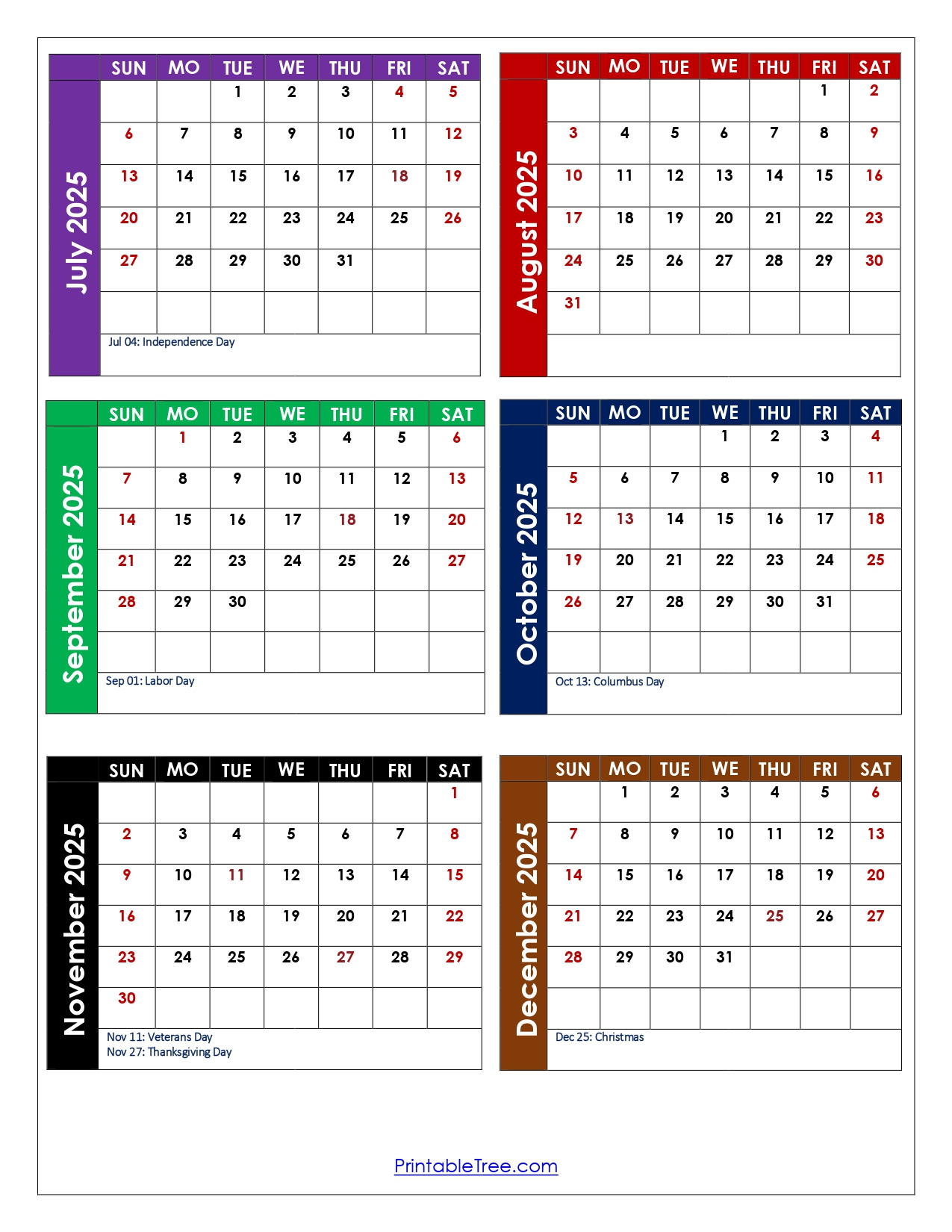 July To December 2025 Calendar Printable Pdf | Six Months Calendar for Printable Calendar August to December 2025