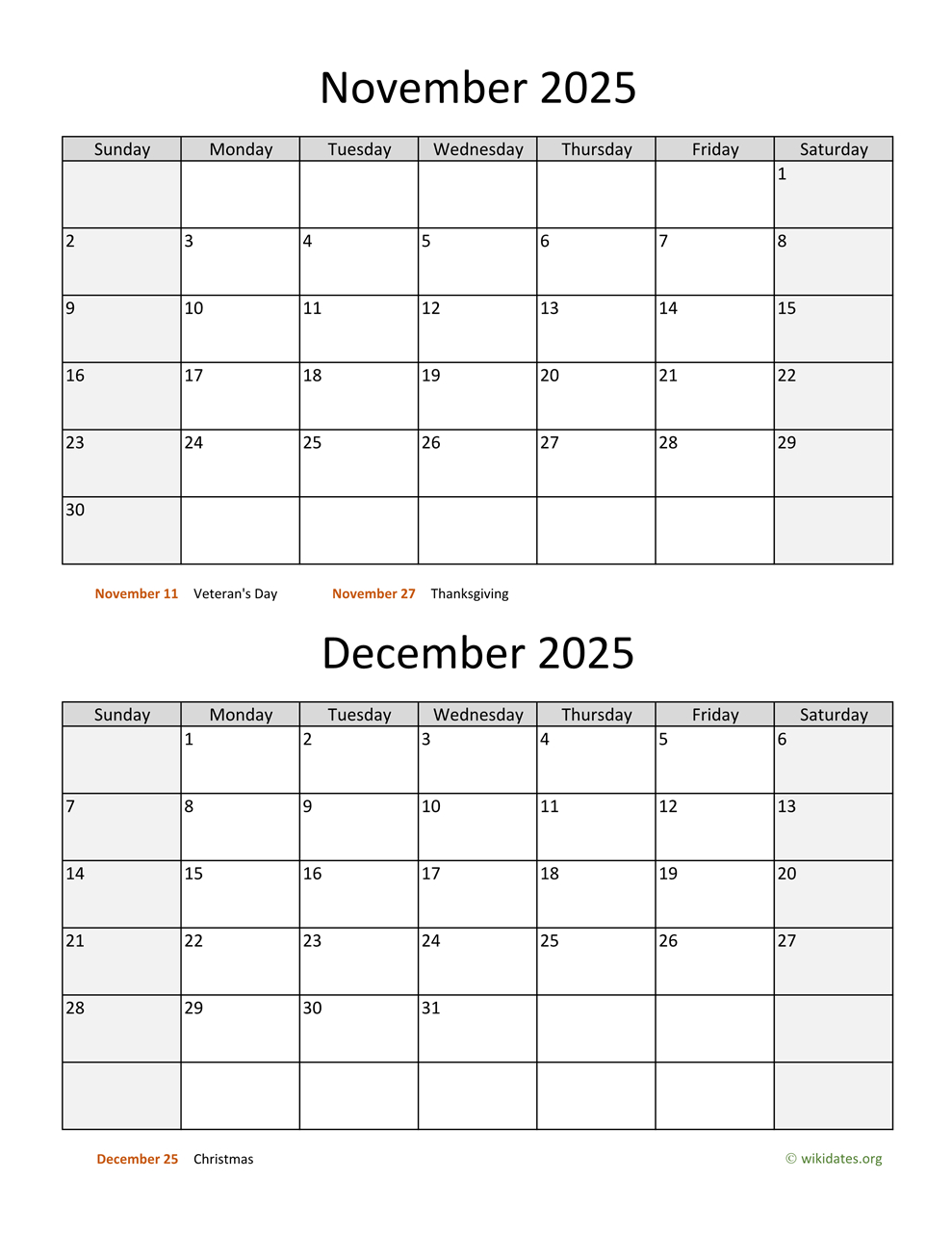 November And December 2025 Calendar | Wikidates with November And December 2025 Printable Calendar