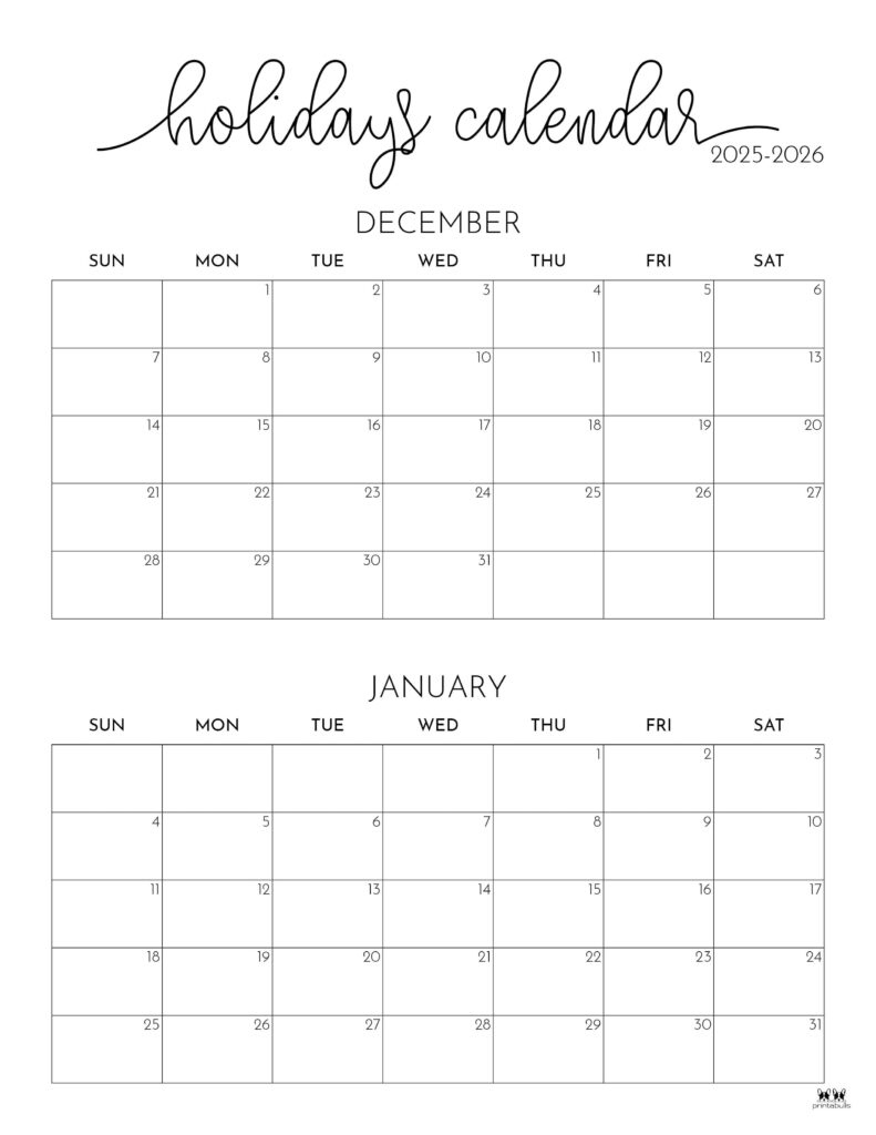 November December 2025 Calendars - 28 Printables | Printabulls intended for Printable 3 Month Calendar December 2025 January February 2026