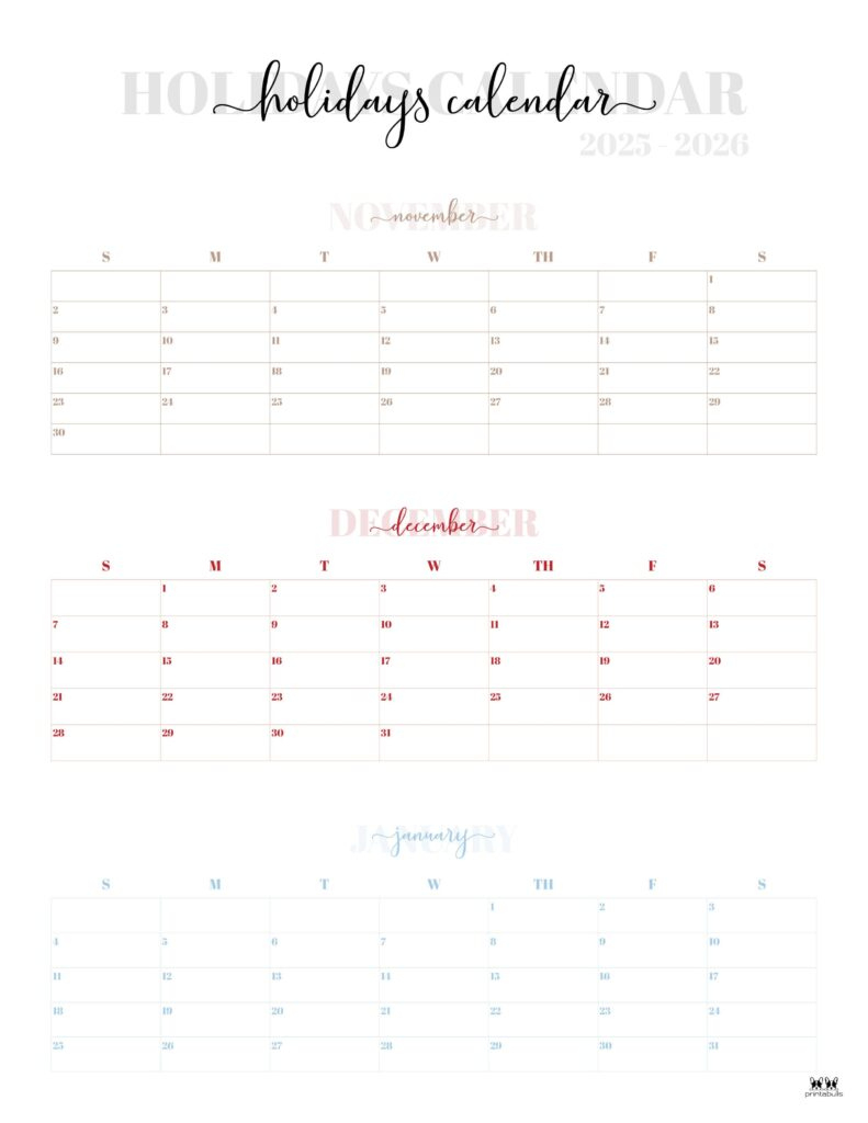 November December 2025 Calendars - 28 Printables | Printabulls intended for Printable Calendar November December 2025 January 2026