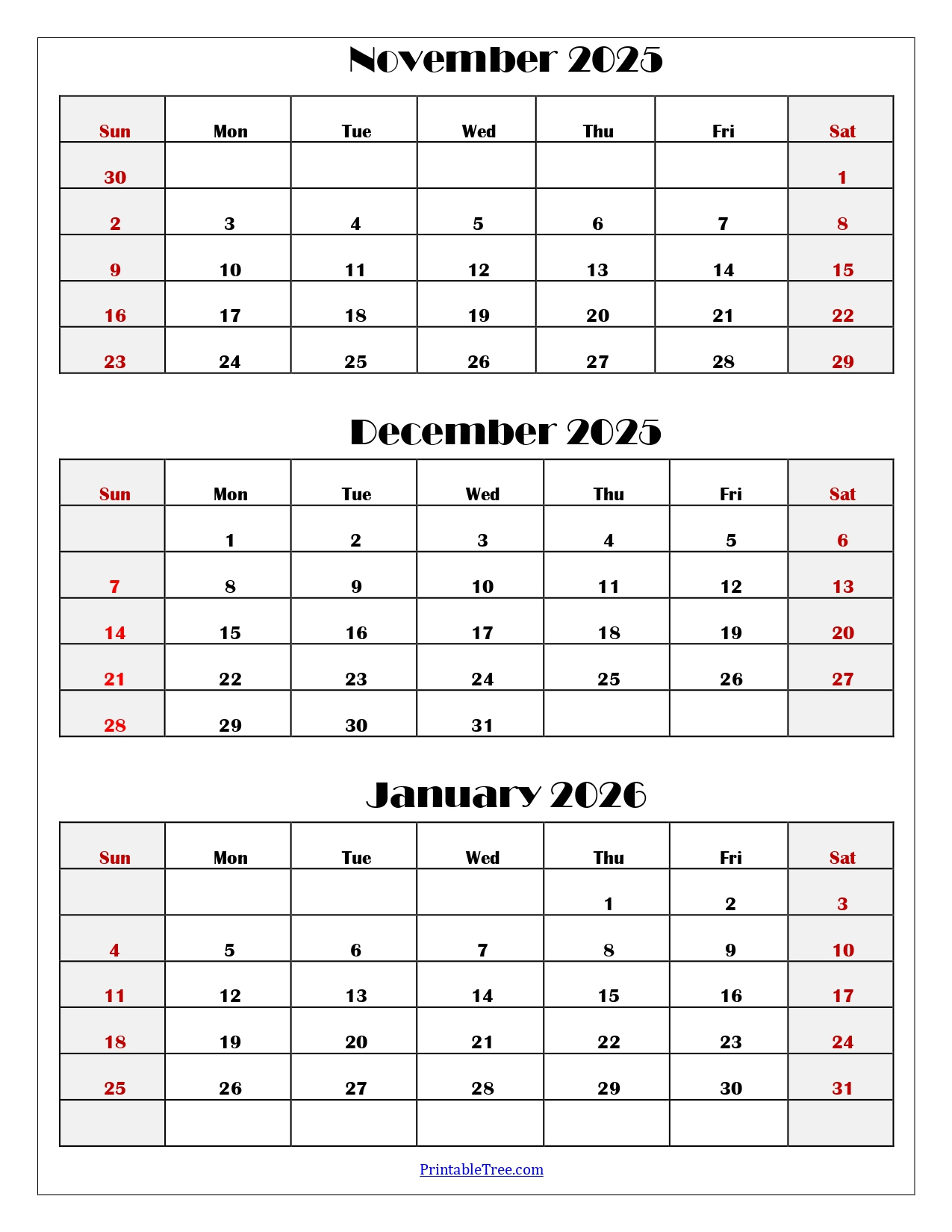 November To January 2026 Calendar Printable Pdf | Three Months for Printable Calendar November December 2025 January 2026
