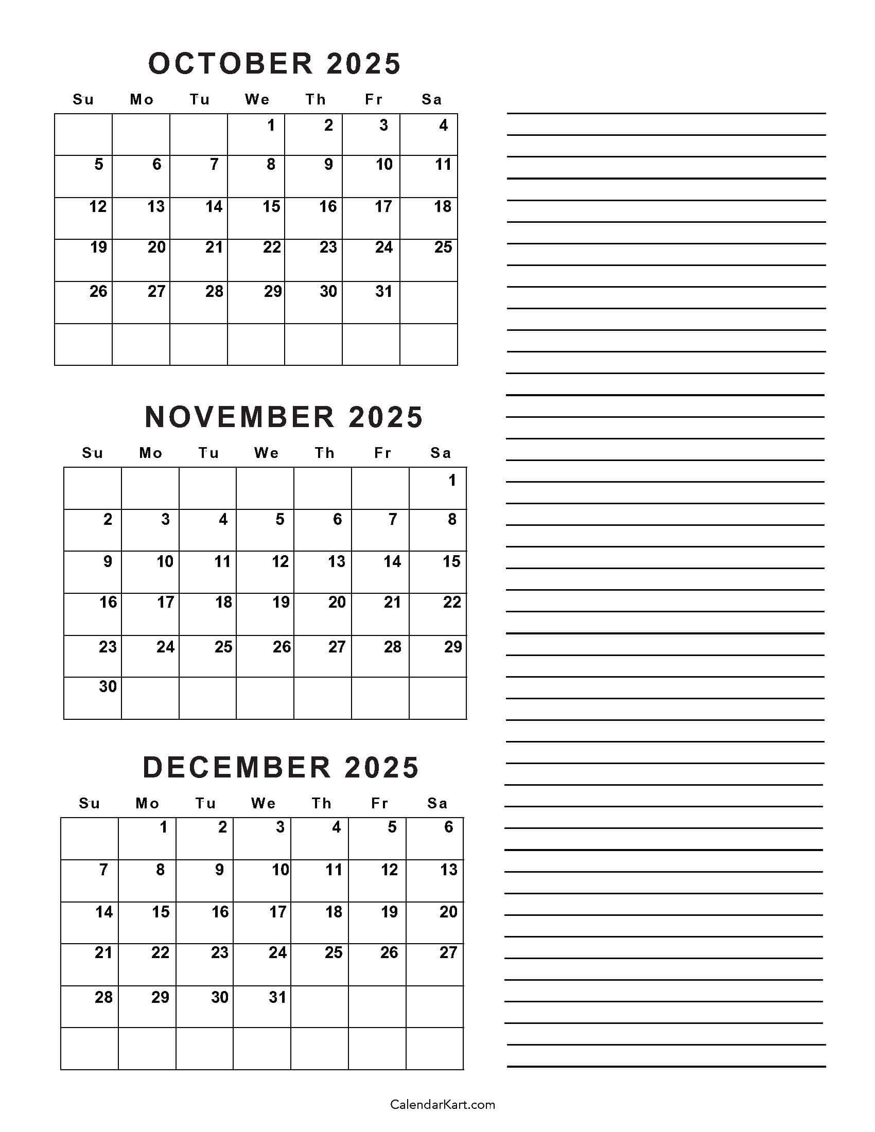 October To December 2025 Calendar (Q4) - Calendarkart with regard to October November December Calendar 2025 Printable