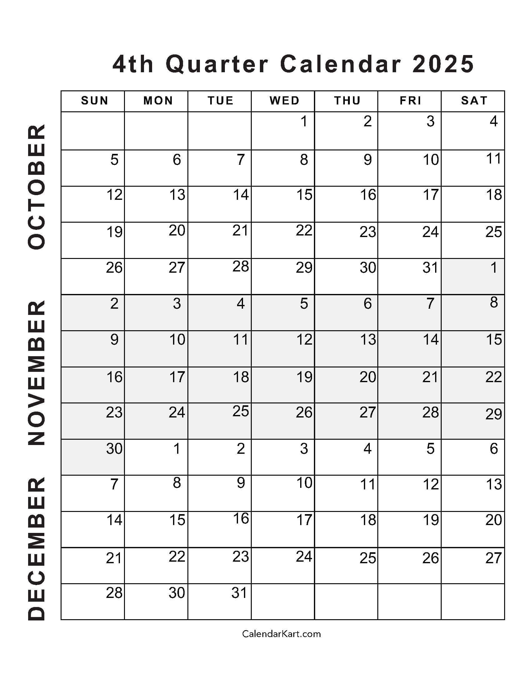 October To December 2025 Calendar (Q4) - Calendarkart with regard to Printable Calendar October November December 2025