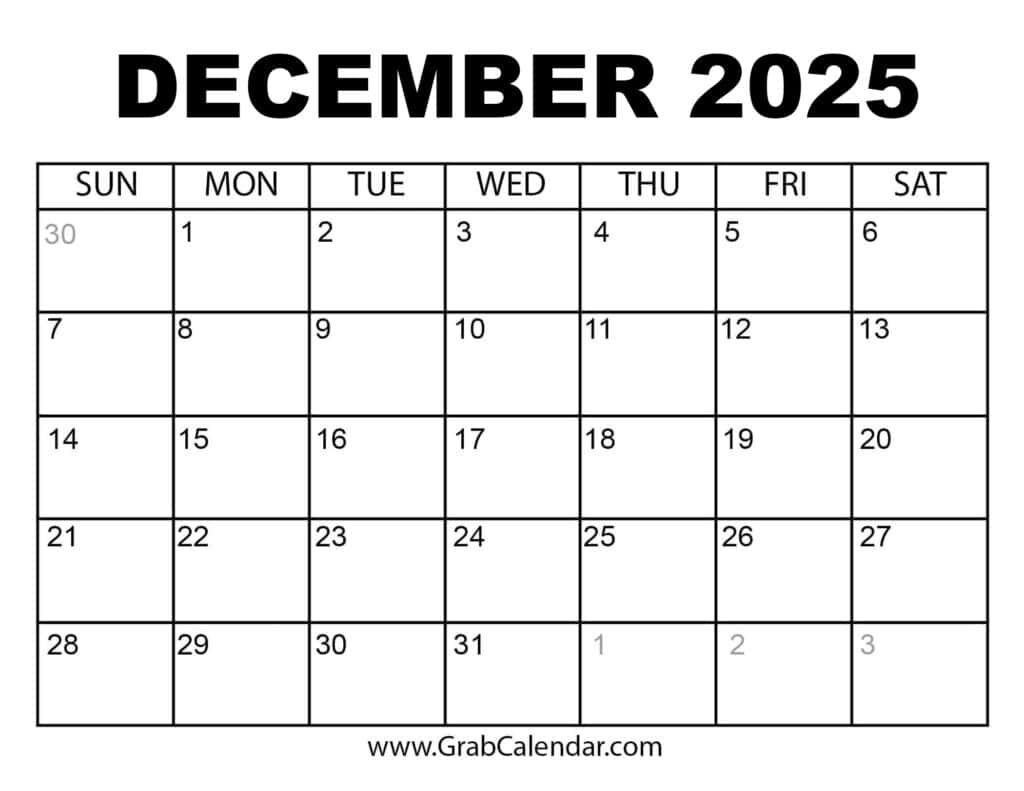 Printable December 2025 Calendar within December 2025 Calendar Printable