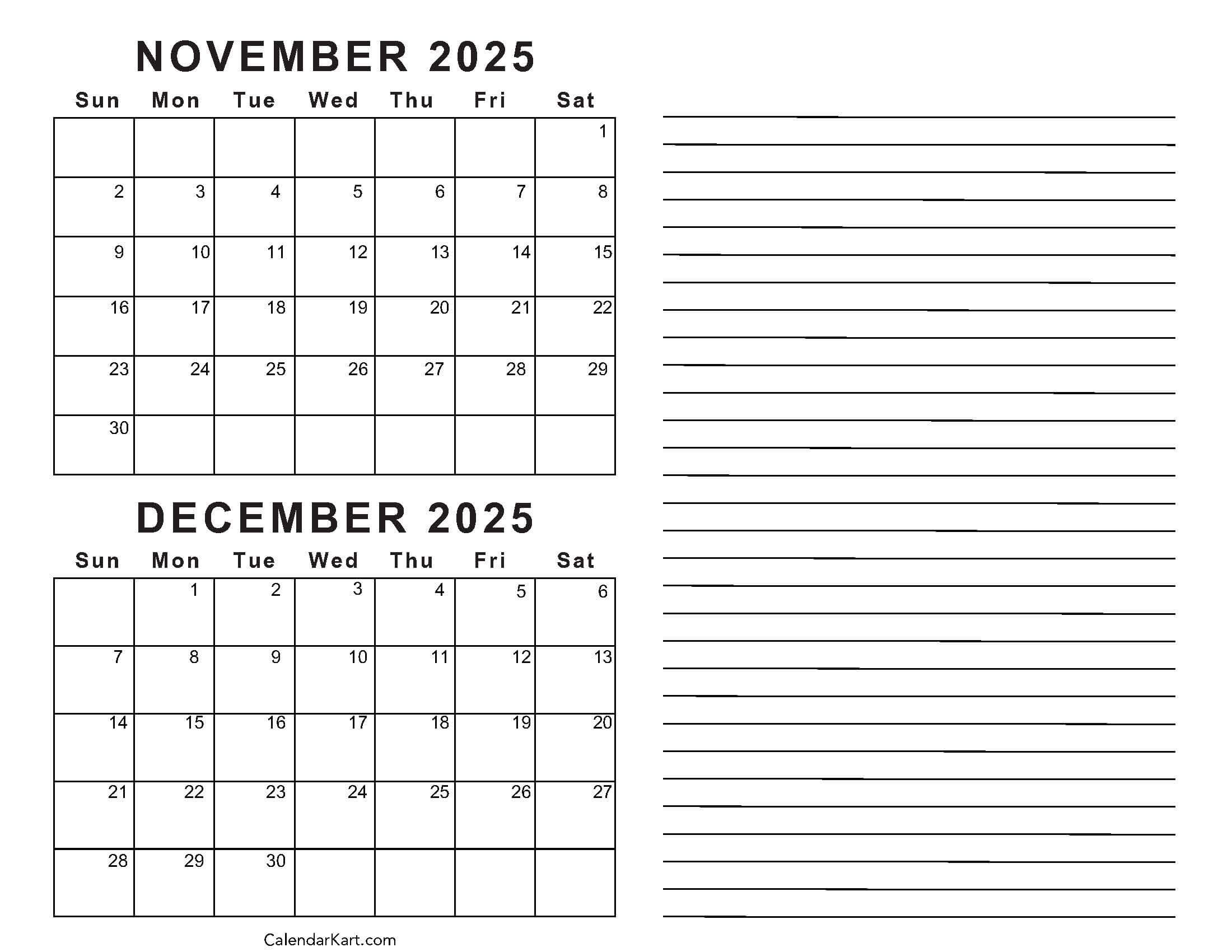 Printable November December 2025 Calendars | Calendarkart intended for Printable November and December 2025 Calendar