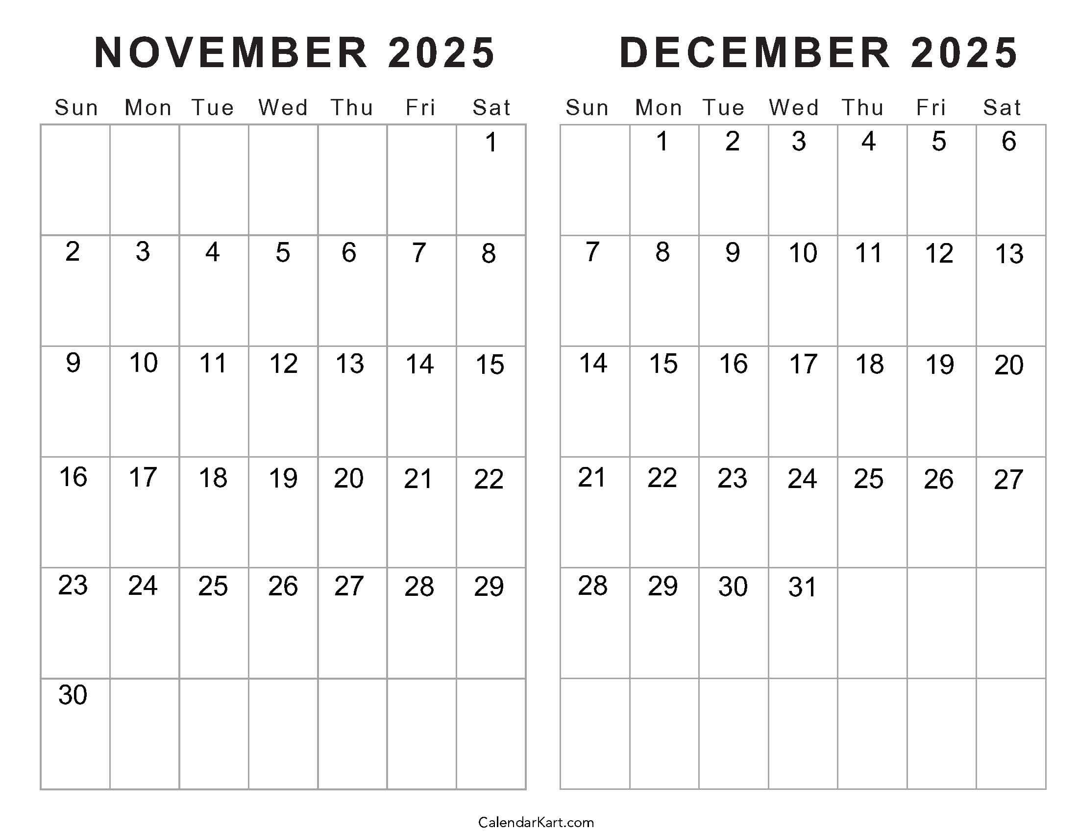 Printable November December 2025 Calendars | Calendarkart with regard to Printable Calendar For November and December 2025